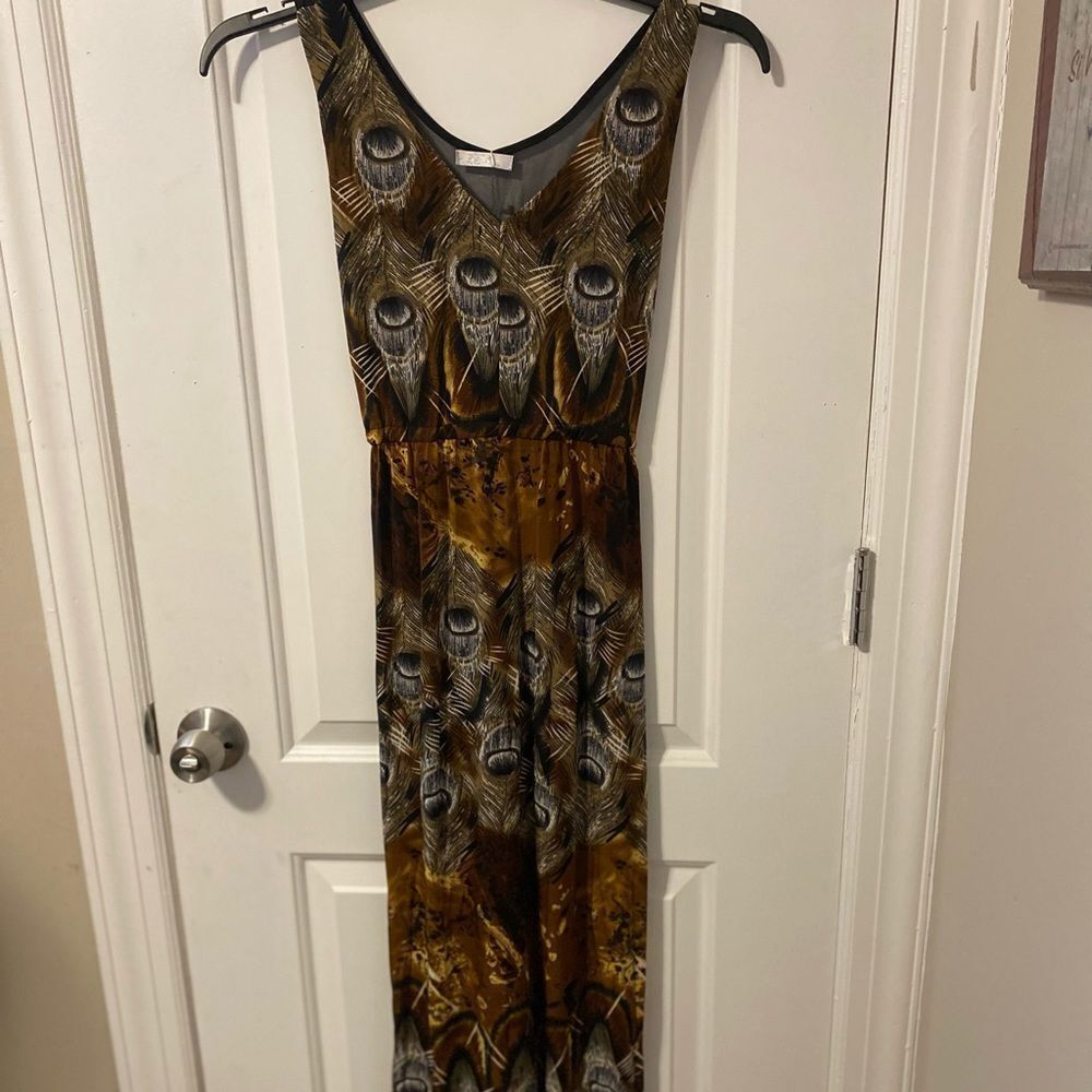 Julia Peacock Feather Maxi Dress Womens Medium Brown Mesh Inset Long Sundress NW